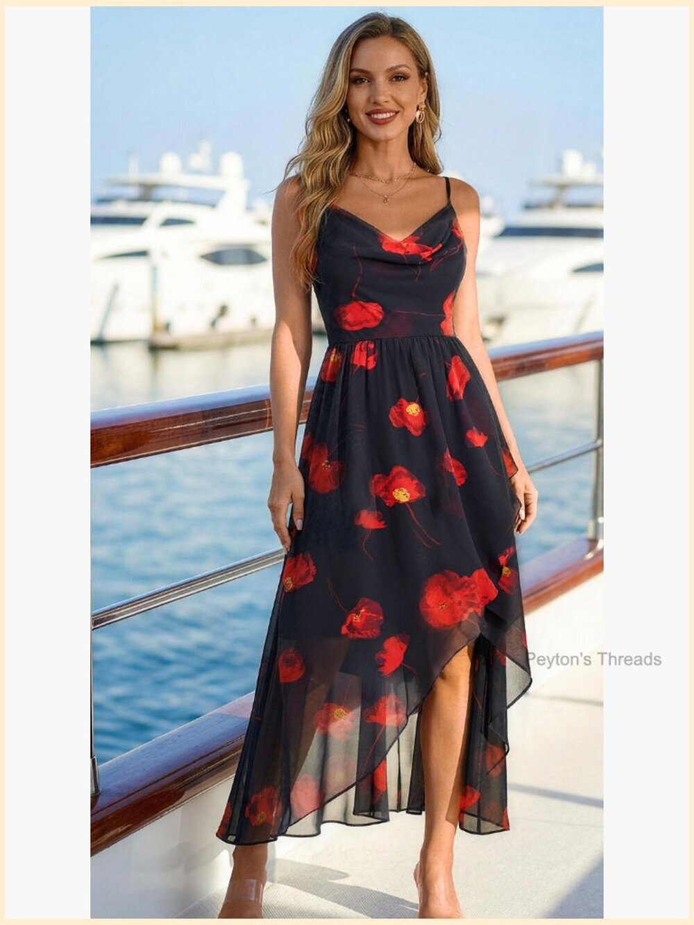 Floral Midi Dress Spaghetti Strap Cowl Neck A-Line Smocked Back Wedding Guest - Picture 7 of 7